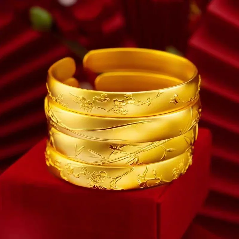 Botanical Gold-Plated Brass Engraved Open Cuff Bangle