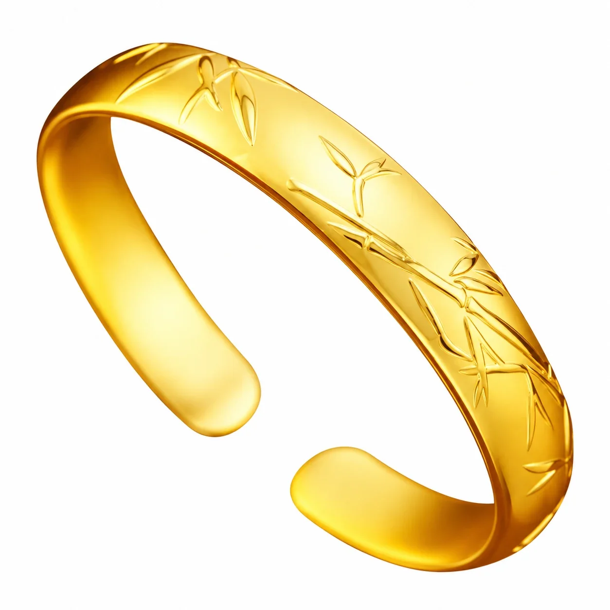 Botanical Gold-Plated Brass Engraved Open Cuff Bangle - Gold Bamboo Motif