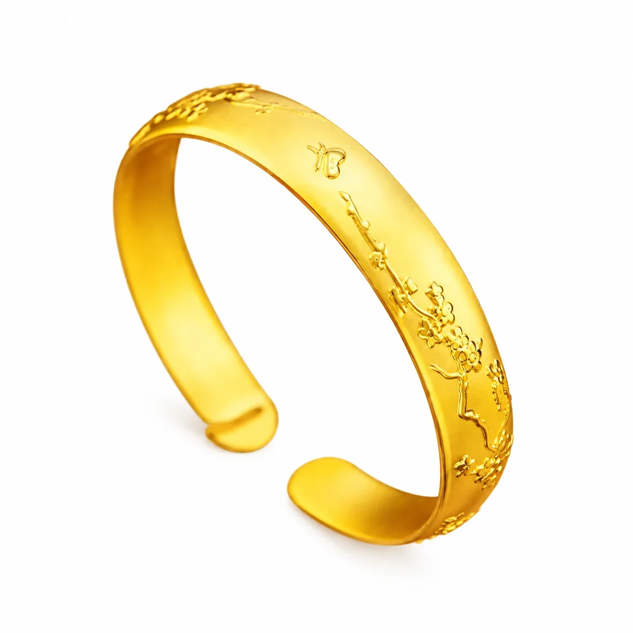 Botanical Gold-Plated Brass Engraved Open Cuff Bangle - Gold Plum Blossom Motif