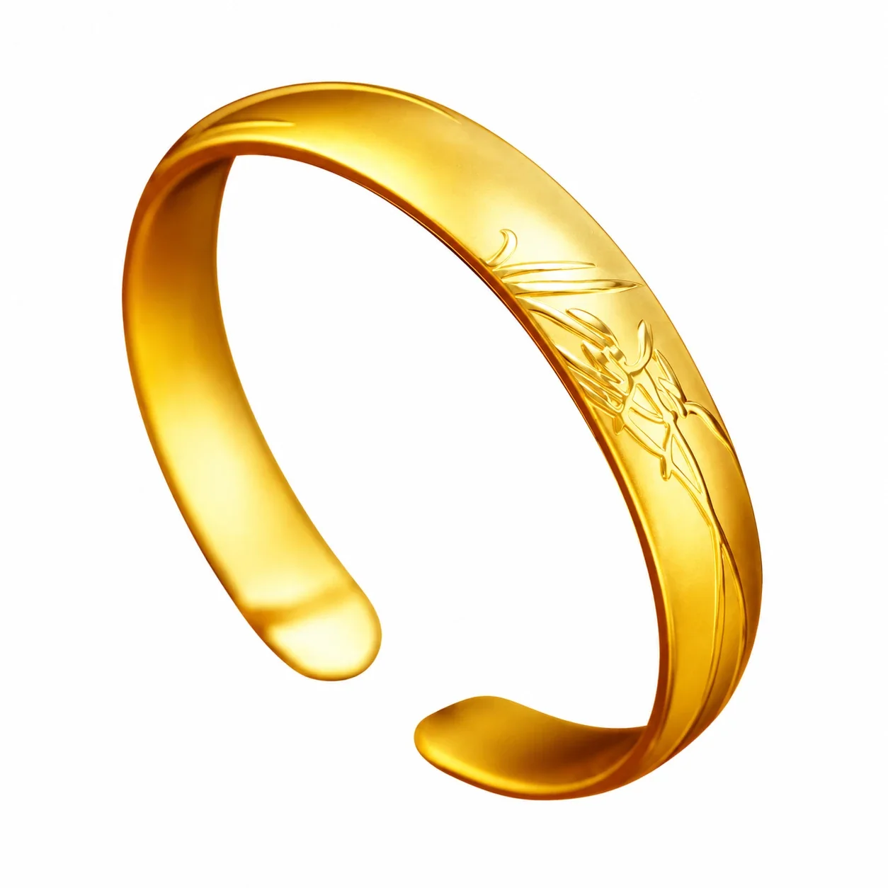 Botanical Gold-Plated Brass Engraved Open Cuff Bangle - Gold Orchid Motif