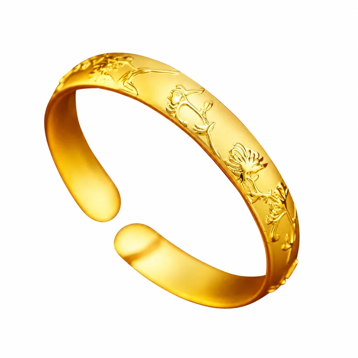 Botanical Gold-Plated Brass Engraved Open Cuff Bangle - Gold Chrysanthemum Motif