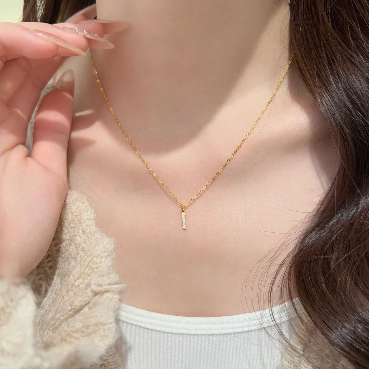 Minimalist Pavé Bar 925 Sterling Silver Cable Chain Necklace