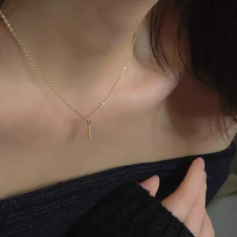 Minimalist Pavé Bar 925 Sterling Silver Cable Chain Necklace - Gold