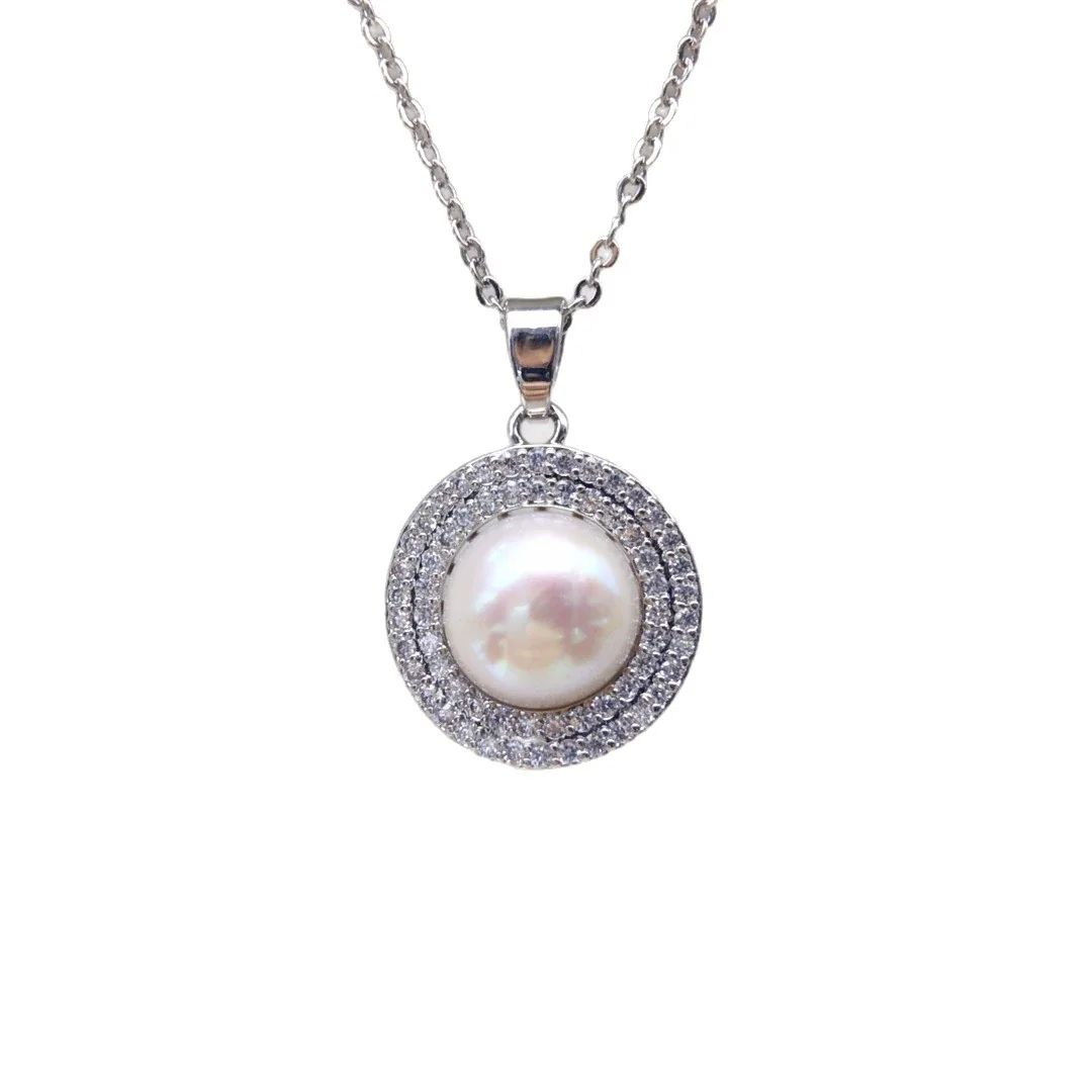 Refined Silver-Plated Pavé Halo Button Pearl Pendant Necklace