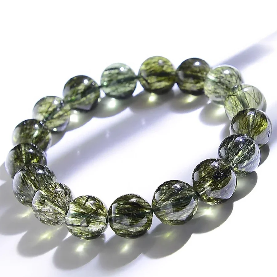 Verdant Green Rutilated Round-Bead Crystal Bracelet