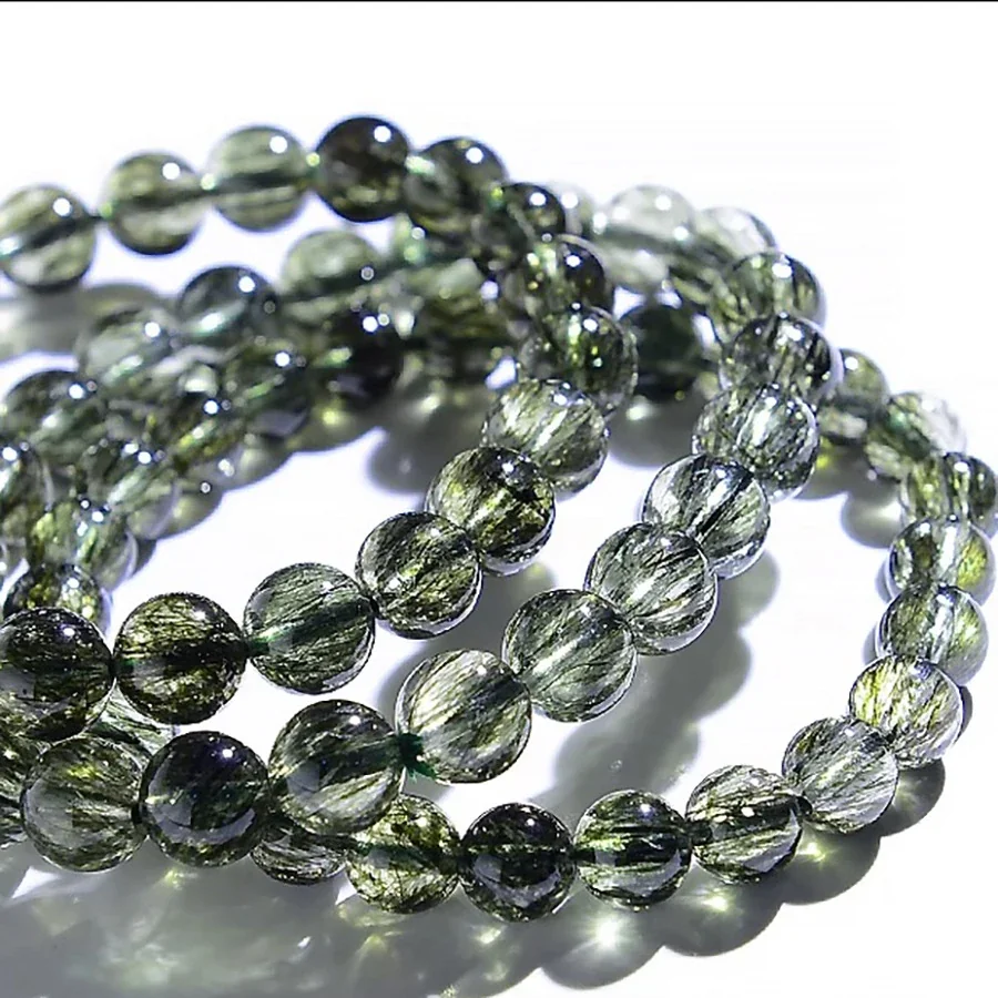 Verdant Green Rutilated Round-Bead Crystal Bracelet