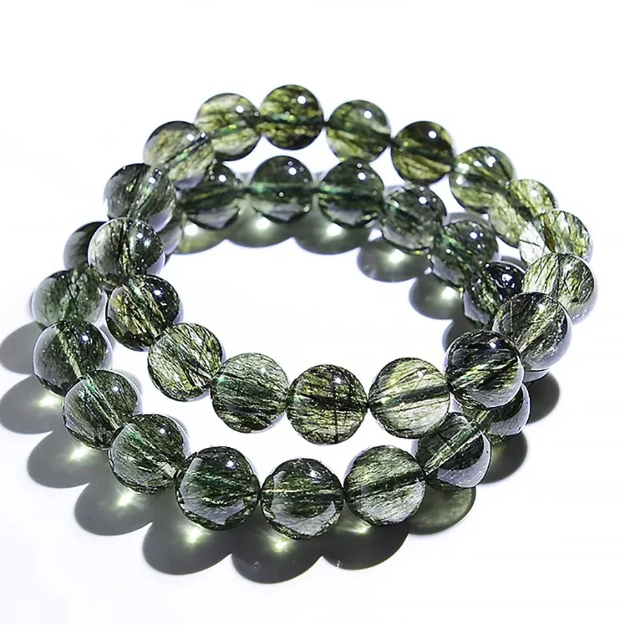 Verdant Green Rutilated Round-Bead Crystal Bracelet