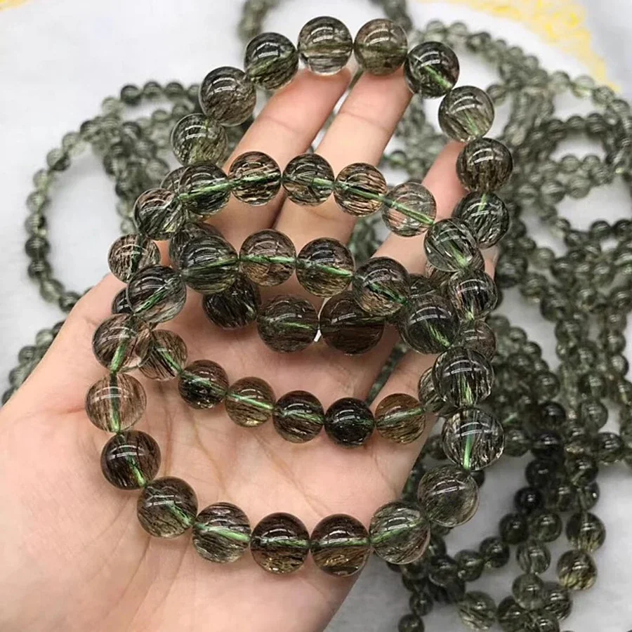 Verdant Green Rutilated Round-Bead Crystal Bracelet