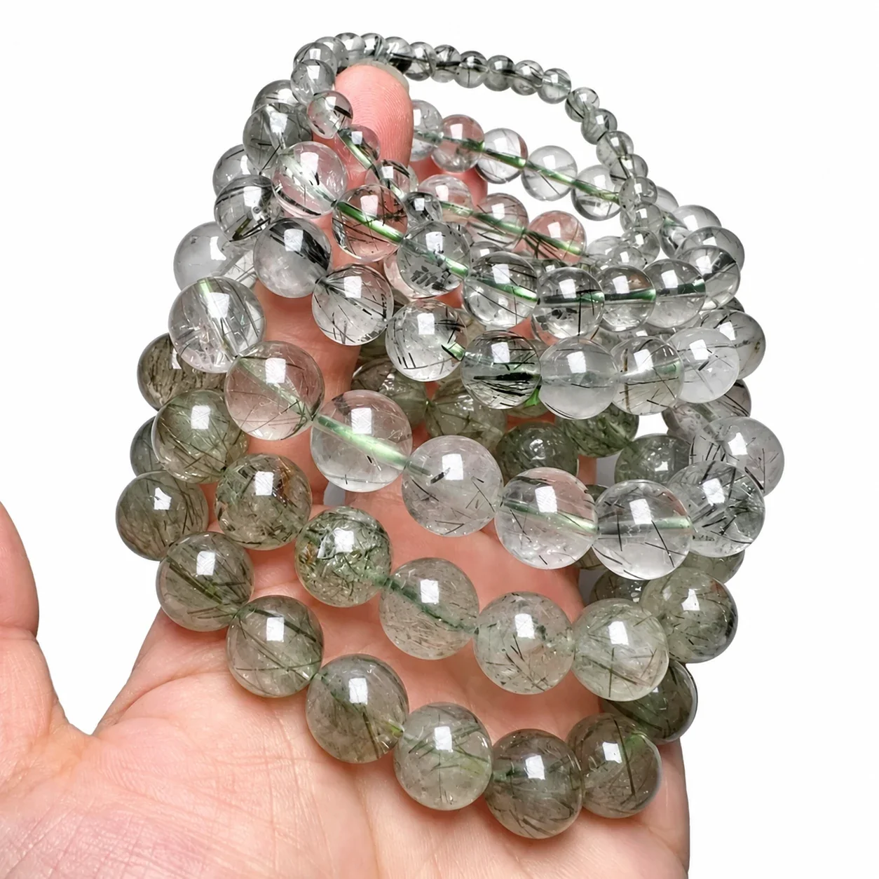 Verdant Green Rutilated Round-Bead Crystal Bracelet - Fine Grade 6A Green Rutilated Crystal