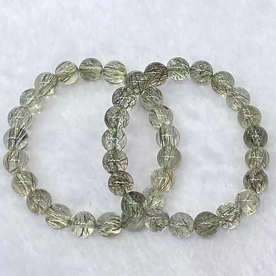 Verdant Green Rutilated Round-Bead Crystal Bracelet - Select Grade 7A Green Rutilated Crystal