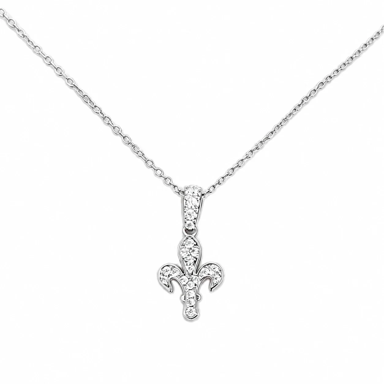 Fleur-de-Lis 925 Sterling Silver Pavé Cross Pendant Necklace
