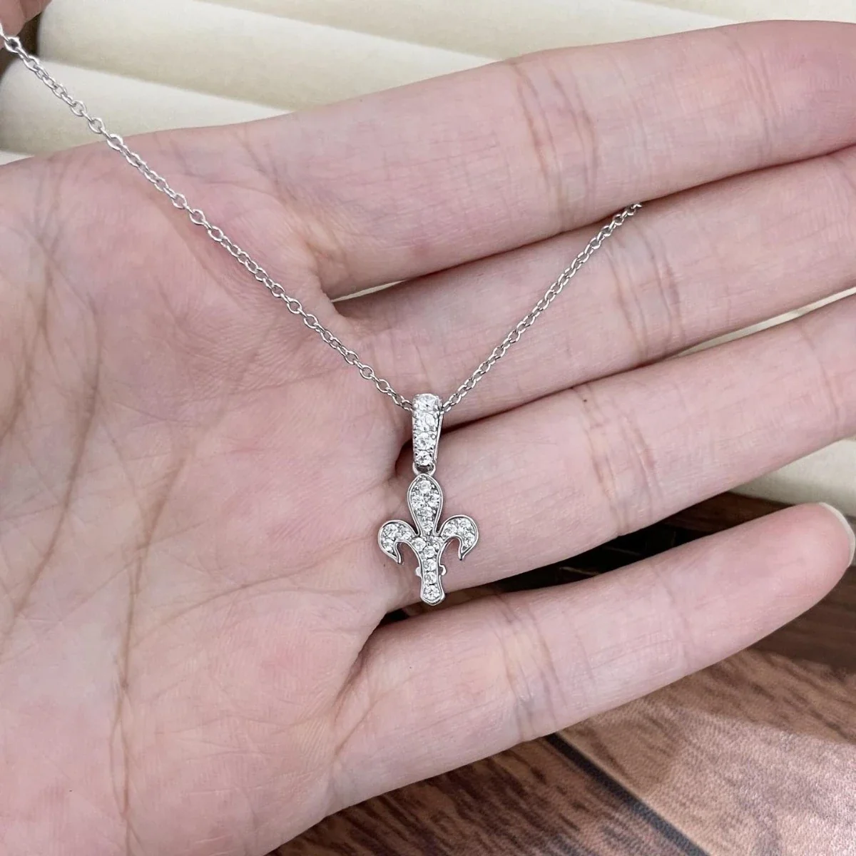 Fleur-de-Lis 925 Sterling Silver Pavé Cross Pendant Necklace