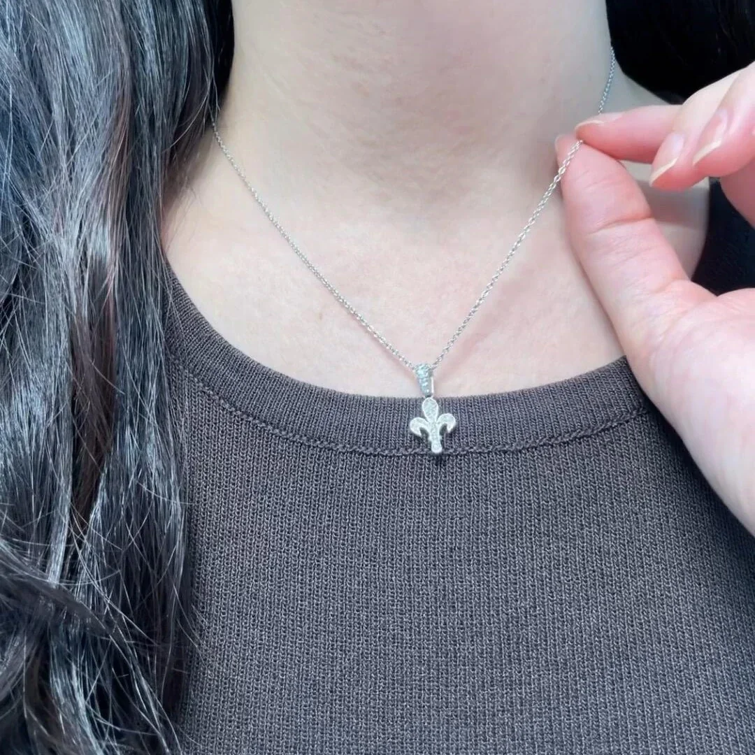 Fleur-de-Lis 925 Sterling Silver Pavé Cross Pendant Necklace