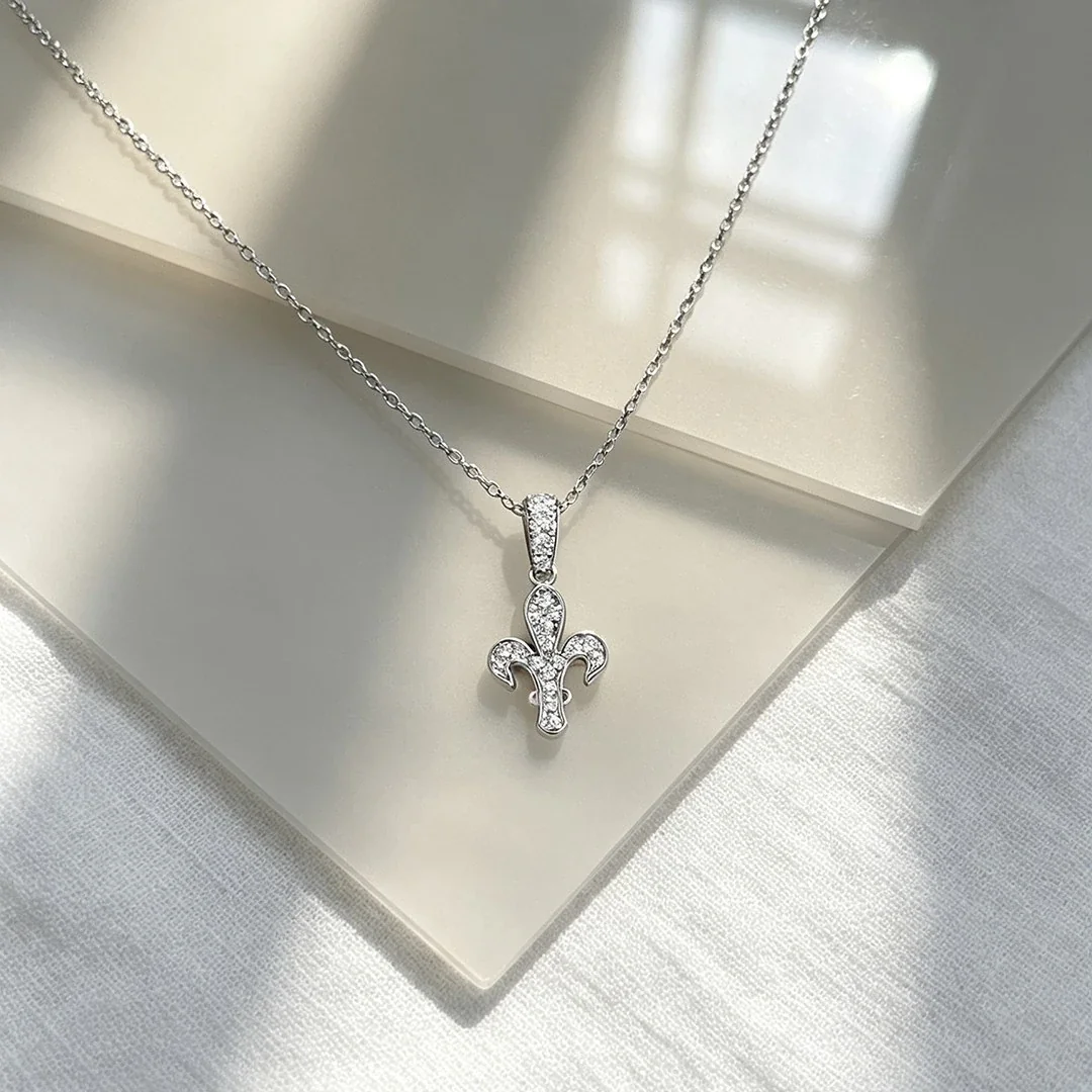 Fleur-de-Lis 925 Sterling Silver Pavé Cross Pendant Necklace
