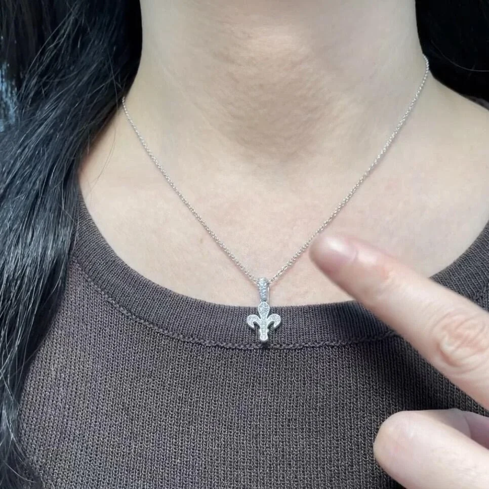 Fleur-de-Lis 925 Sterling Silver Pavé Cross Pendant Necklace