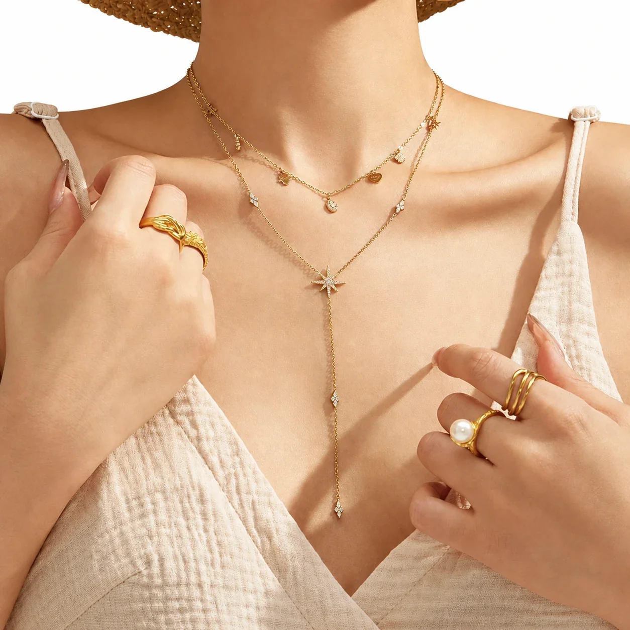 Celestial Gold-Plated Star Y Drop Stainless Steel Necklace