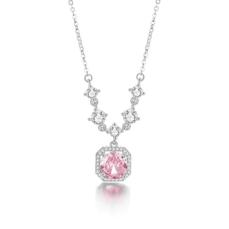 Octagon Halo 925 Sterling Silver Station Pendant Necklace - Silver Pink CZ