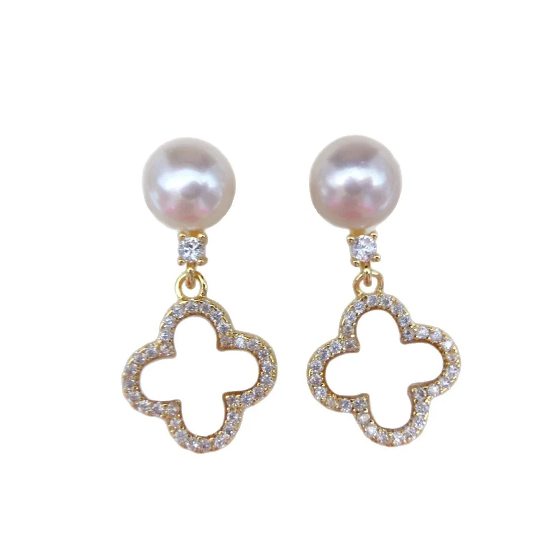 Luminous Freshwater Pearl Clover Crystal Pavé Drop Earrings