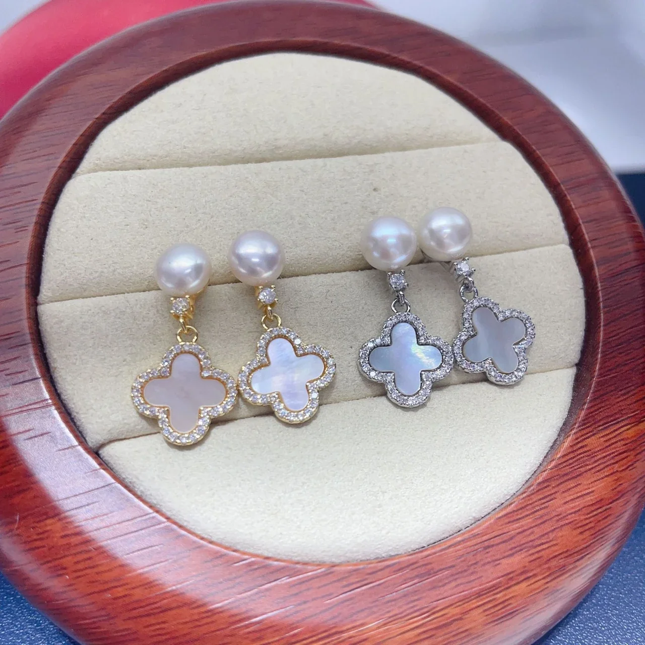 Luminous Freshwater Pearl Clover Crystal Pavé Drop Earrings