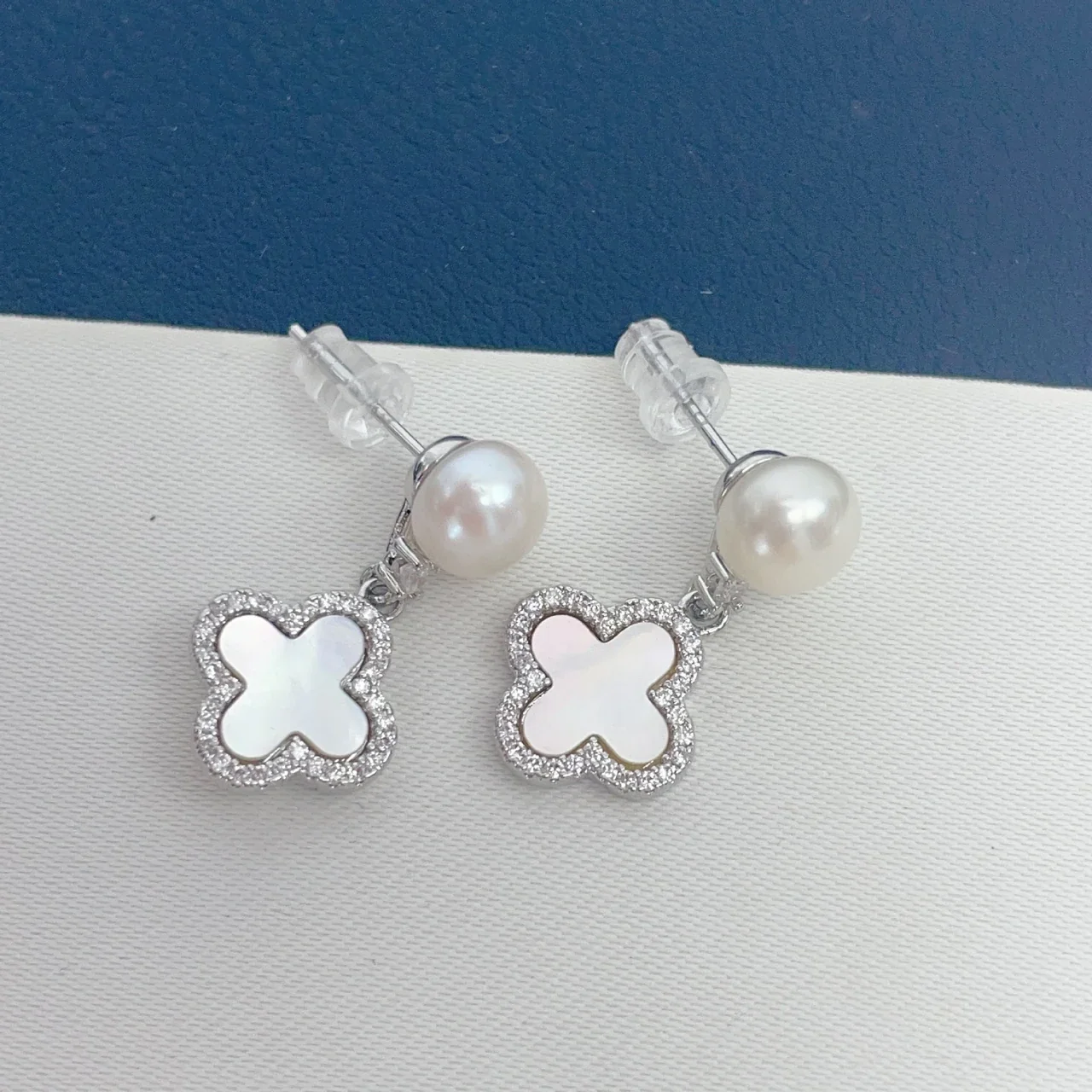 Luminous Freshwater Pearl Clover Crystal Pavé Drop Earrings - Silver
