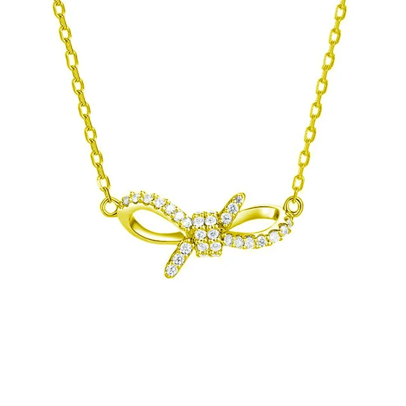 Pavé Double-Loop Bow 925 Sterling Silver Moissanite Necklace - Gold