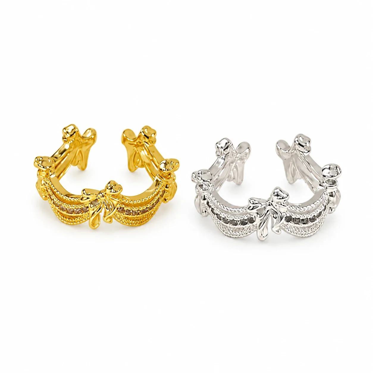 Ornate Brass Bow-Draped Scalloped Stone Open Ring