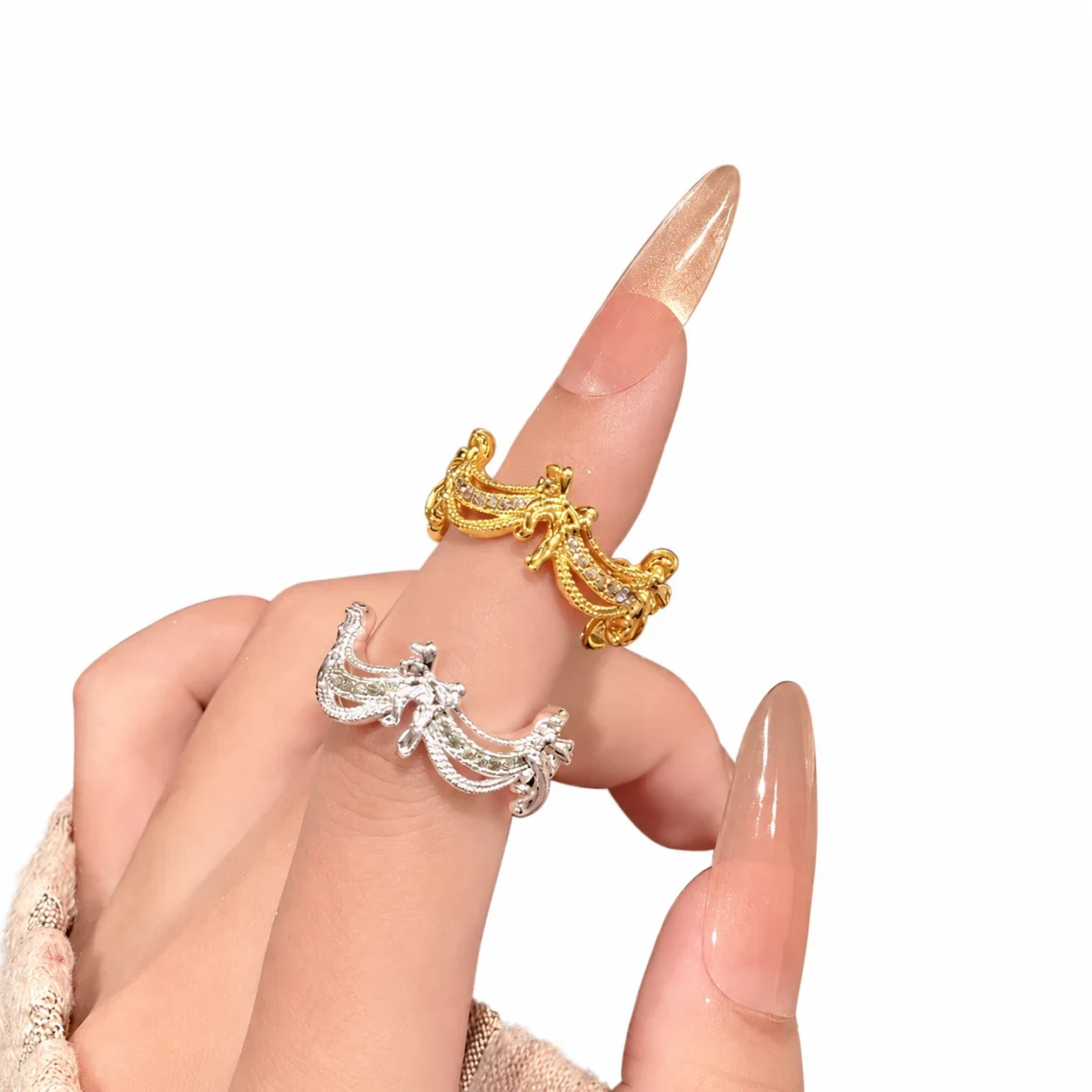 Ornate Brass Bow-Draped Scalloped Stone Open Ring