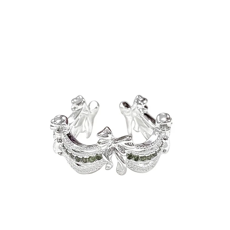 Ornate Brass Bow-Draped Scalloped Stone Open Ring