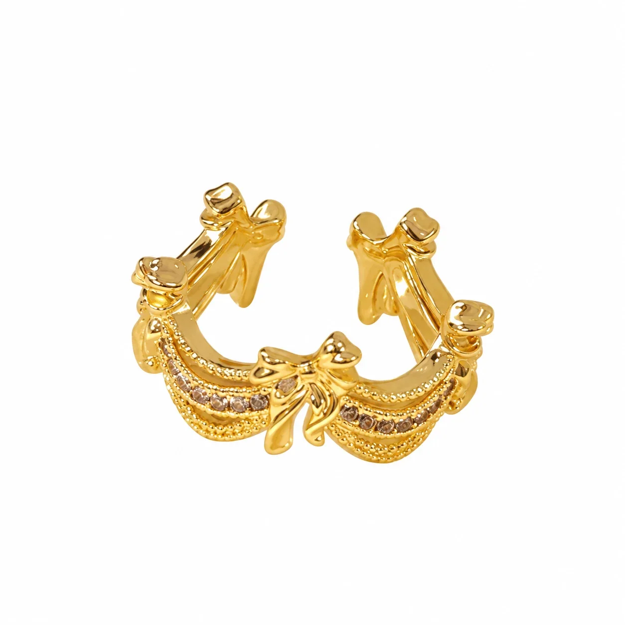 Ornate Brass Bow-Draped Scalloped Stone Open Ring - Open No.