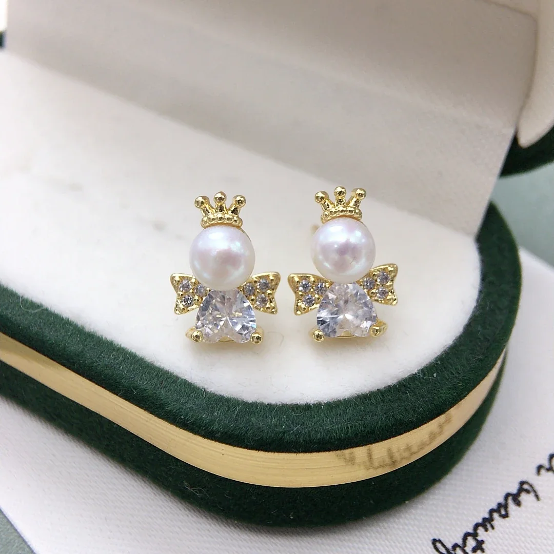 Crowned Bow Gold-Plated Freshwater Pearl Stud Earrings