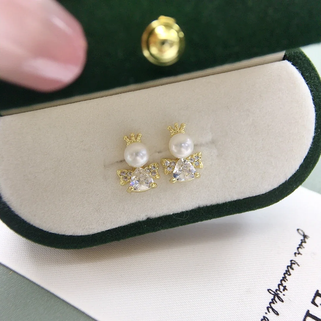 Crowned Bow Gold-Plated Freshwater Pearl Stud Earrings