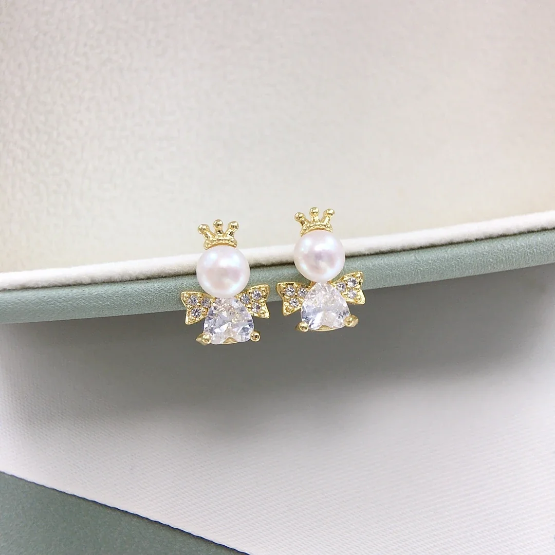Crowned Bow Gold-Plated Freshwater Pearl Stud Earrings