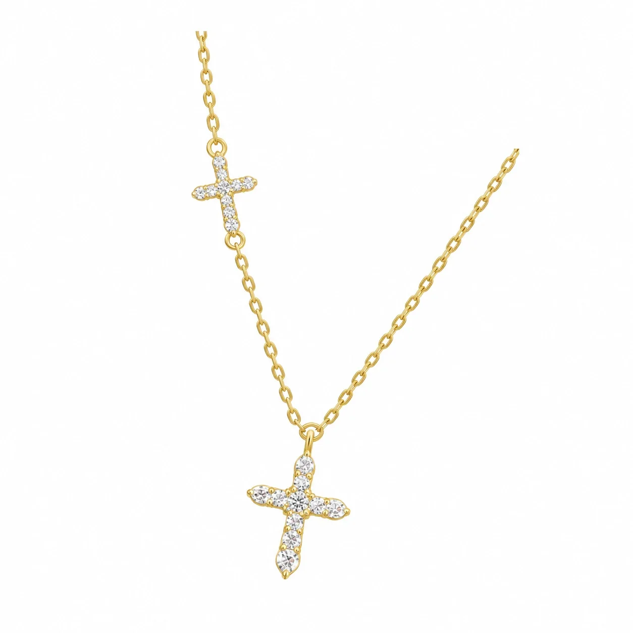 Radiant 925 Sterling Silver Double Cross Pavé Necklace