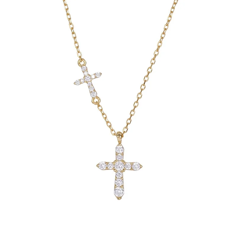 Radiant 925 Sterling Silver Double Cross Pavé Necklace