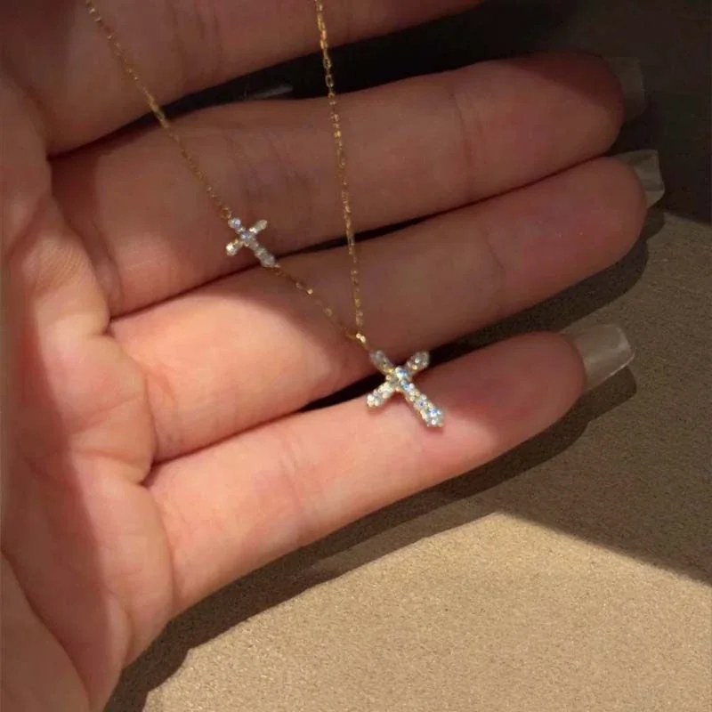 Radiant 925 Sterling Silver Double Cross Pavé Necklace - Gold