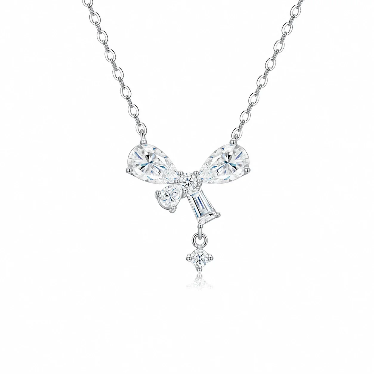 Delicate 925 Sterling Silver Pear & Baguette Bow Necklace