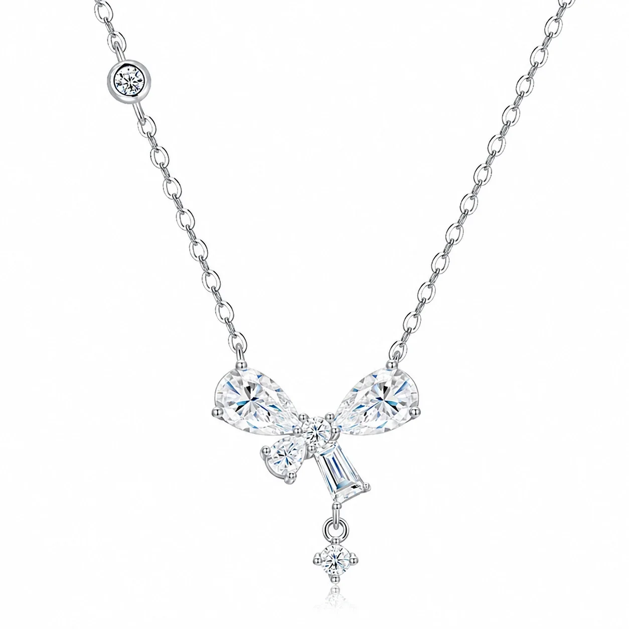 Delicate 925 Sterling Silver Pear & Baguette Bow Necklace