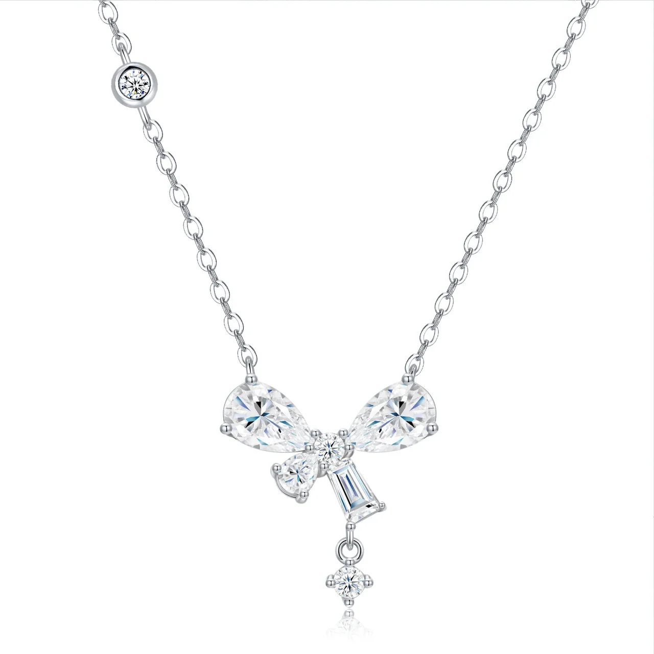 Delicate 925 Sterling Silver Pear & Baguette Bow Necklace