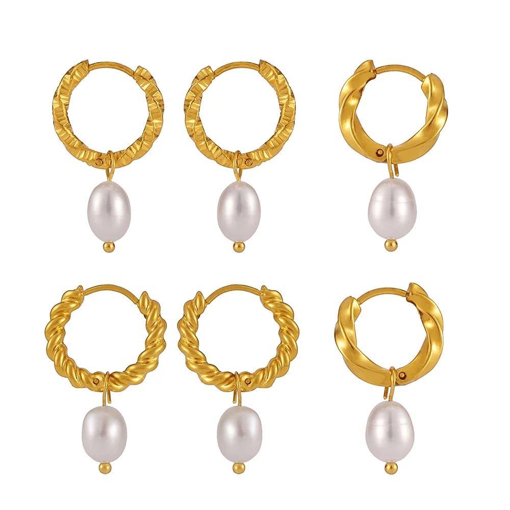 Textured 18K Gold-Plated Hoop Freshwater Pearl Drop Earrings