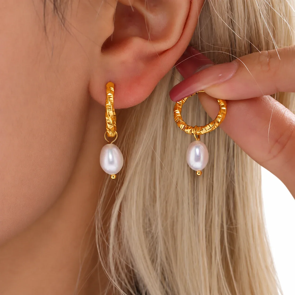 Textured 18K Gold-Plated Hoop Freshwater Pearl Drop Earrings