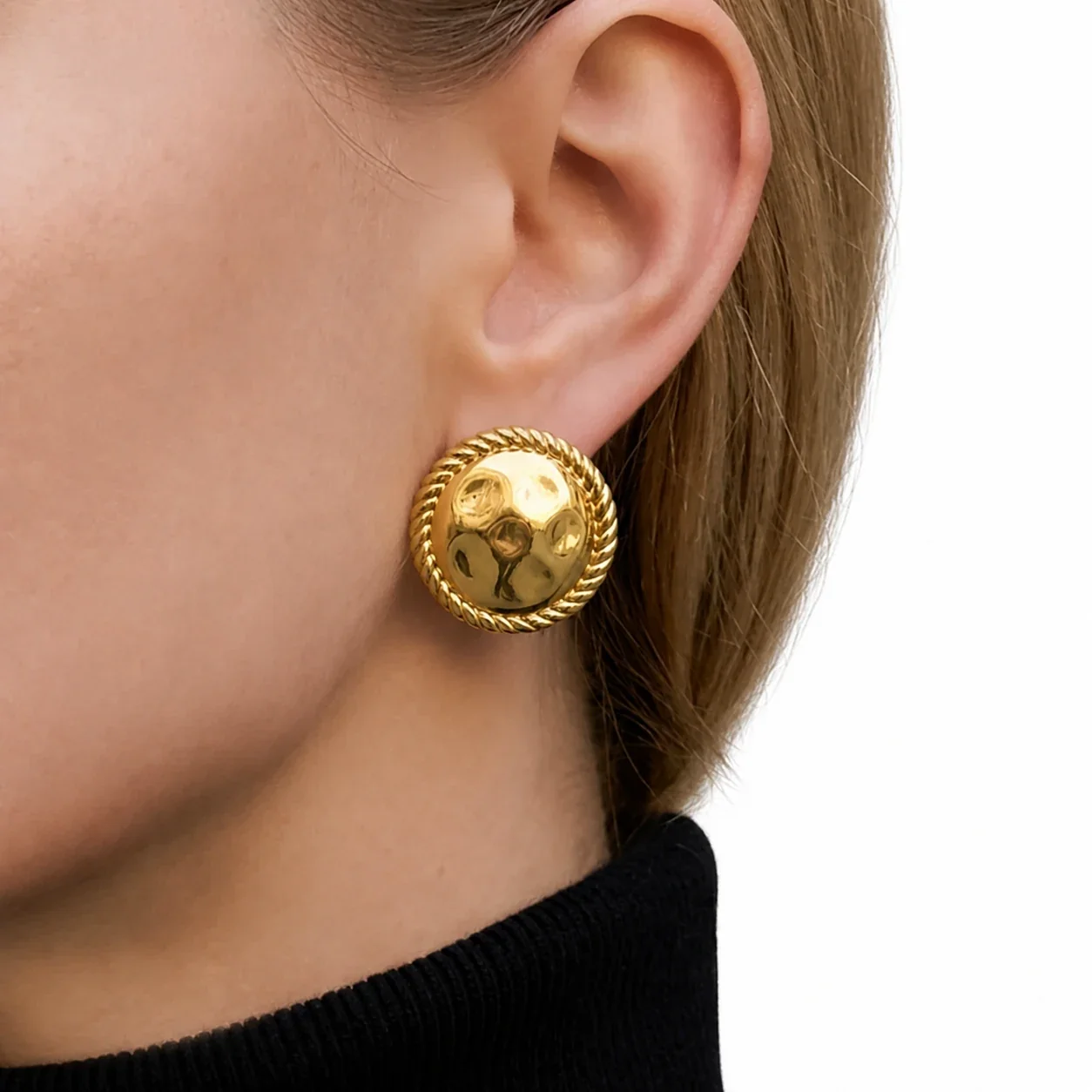 Bold 18K Gold-Plated Hammered Dome Rope-Rim Stud Earrings