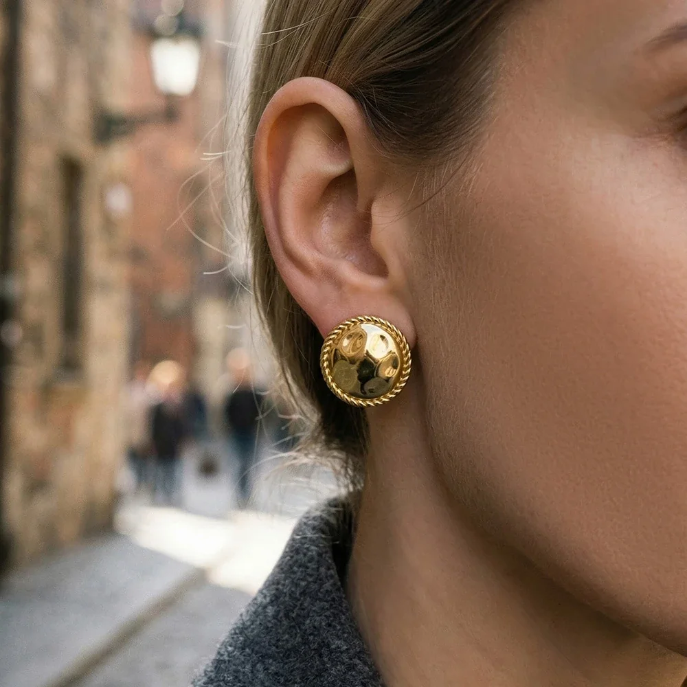 Bold 18K Gold-Plated Hammered Dome Rope-Rim Stud Earrings
