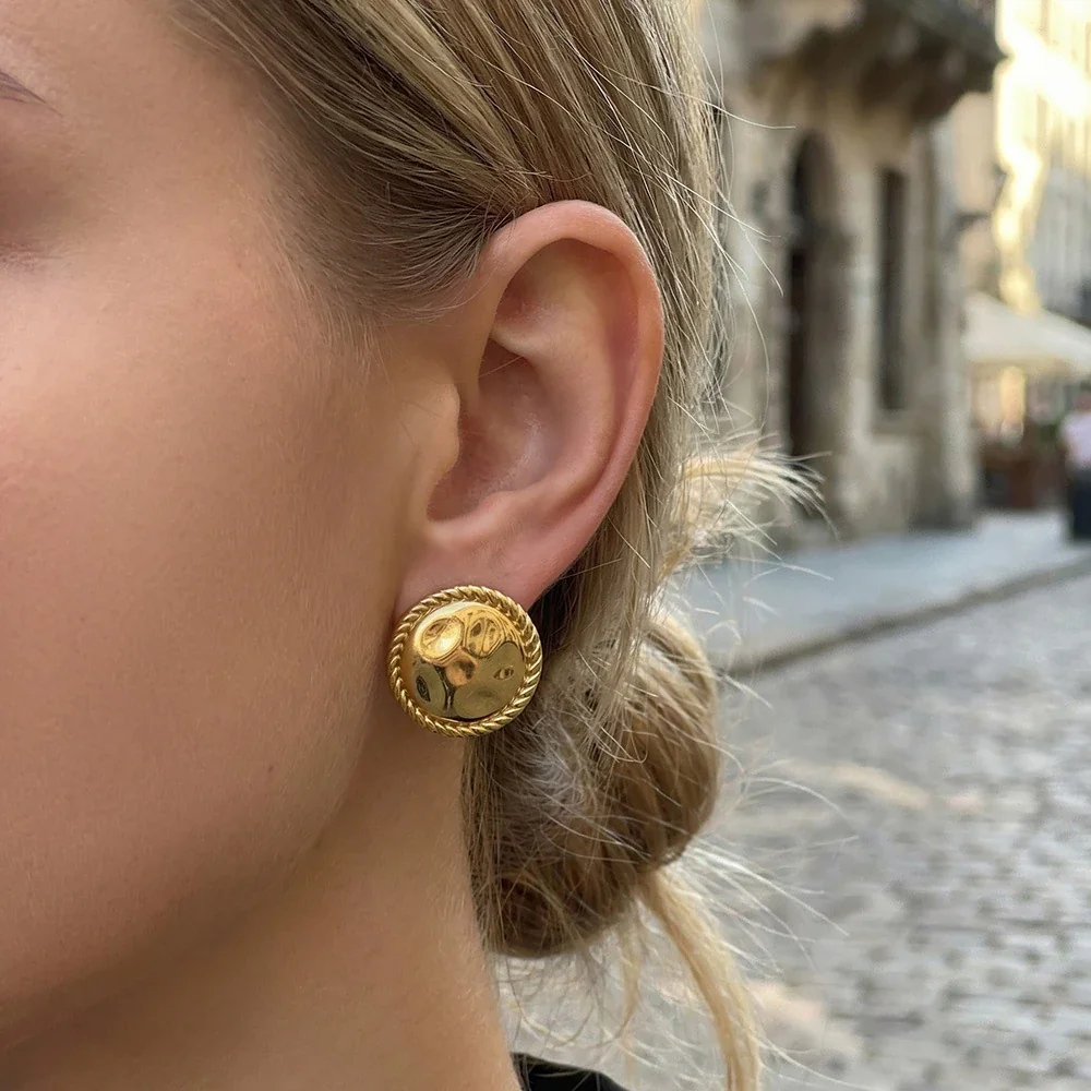 Bold 18K Gold-Plated Hammered Dome Rope-Rim Stud Earrings