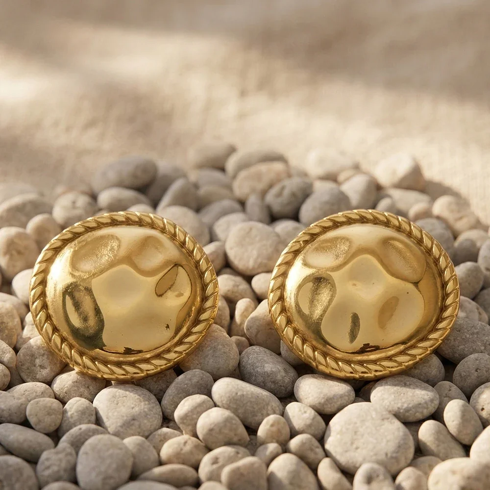 Bold 18K Gold-Plated Hammered Dome Rope-Rim Stud Earrings