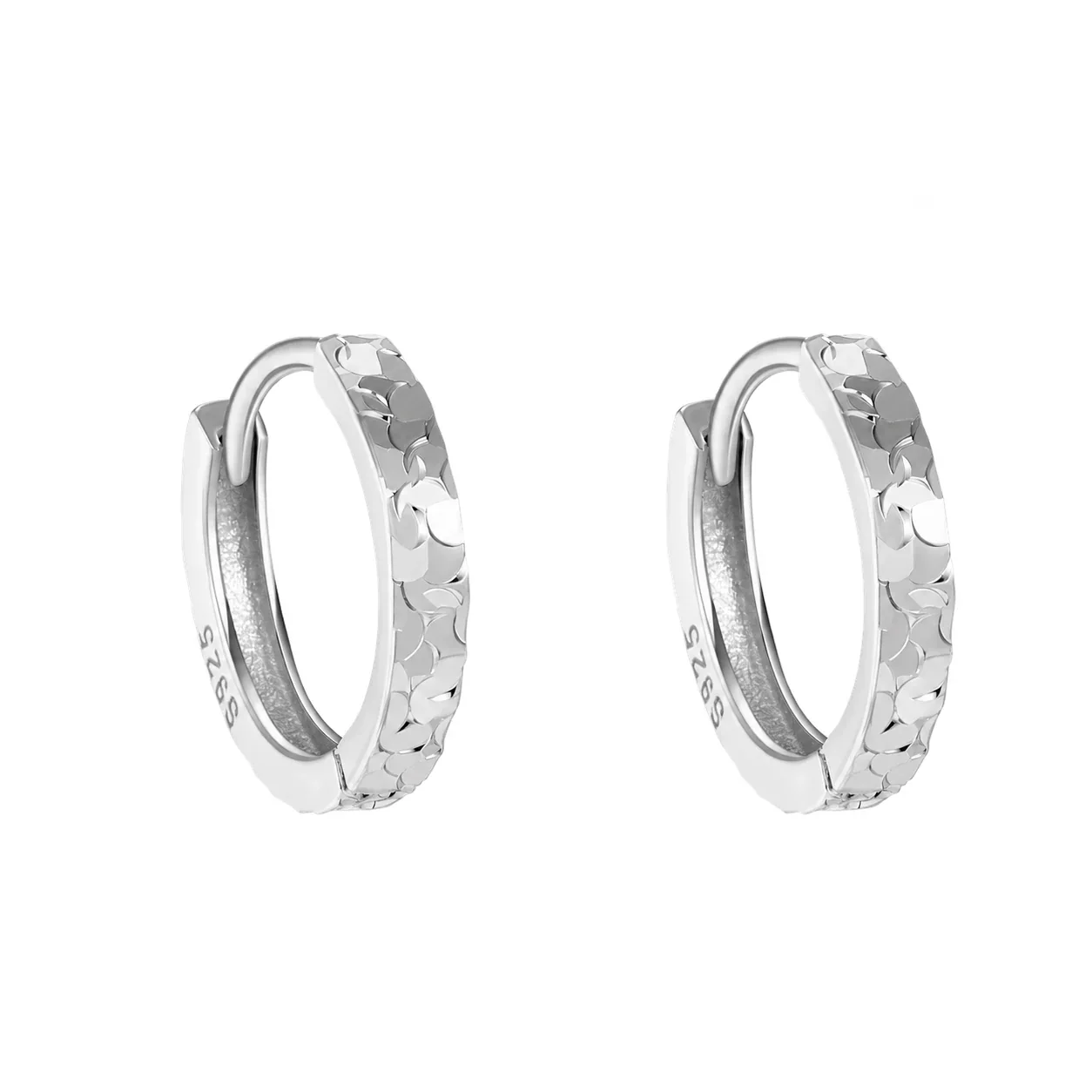 Textured 925 Sterling Silver Faceted Hinged Hoop Earrings