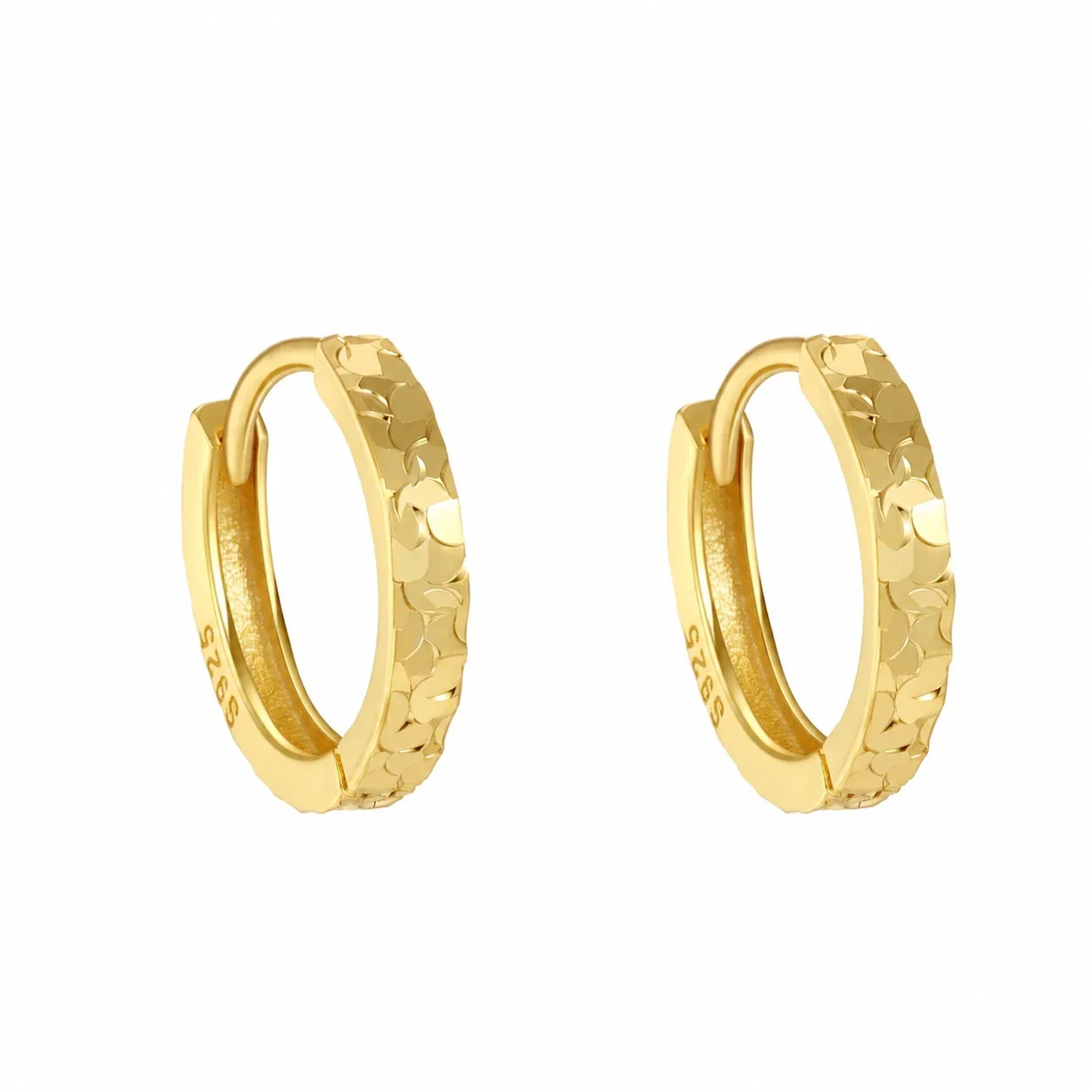 Textured 925 Sterling Silver Faceted Hinged Hoop Earrings - Gold
