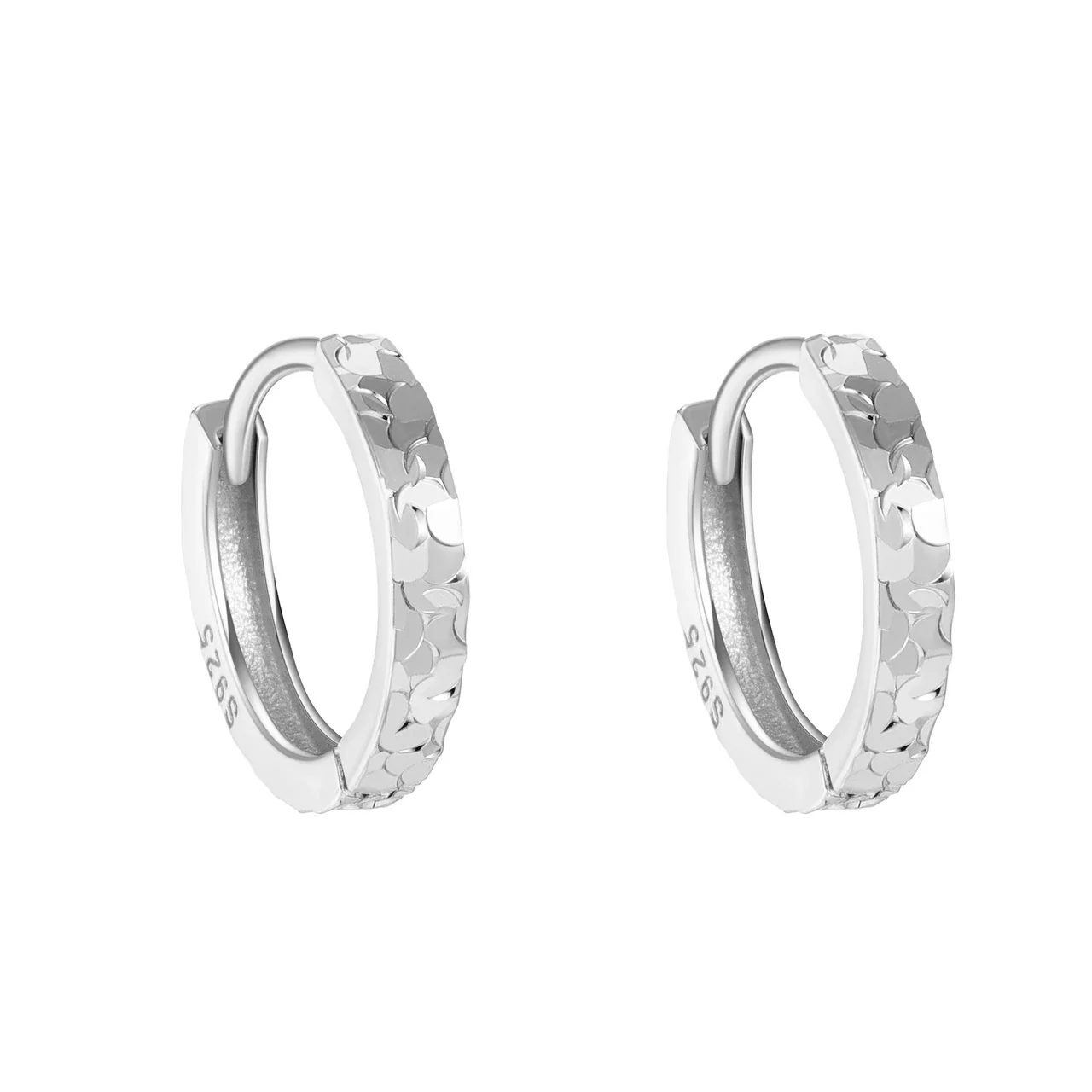 Textured 925 Sterling Silver Faceted Hinged Hoop Earrings - Silver