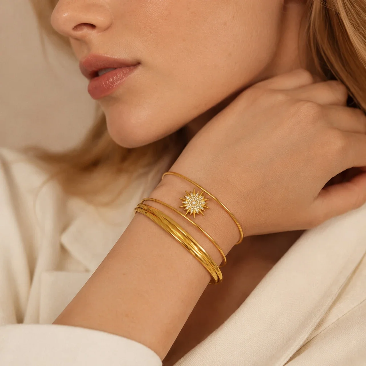 Radiant Sunburst Cubic Zirconia Triple-Wire Open Bangle