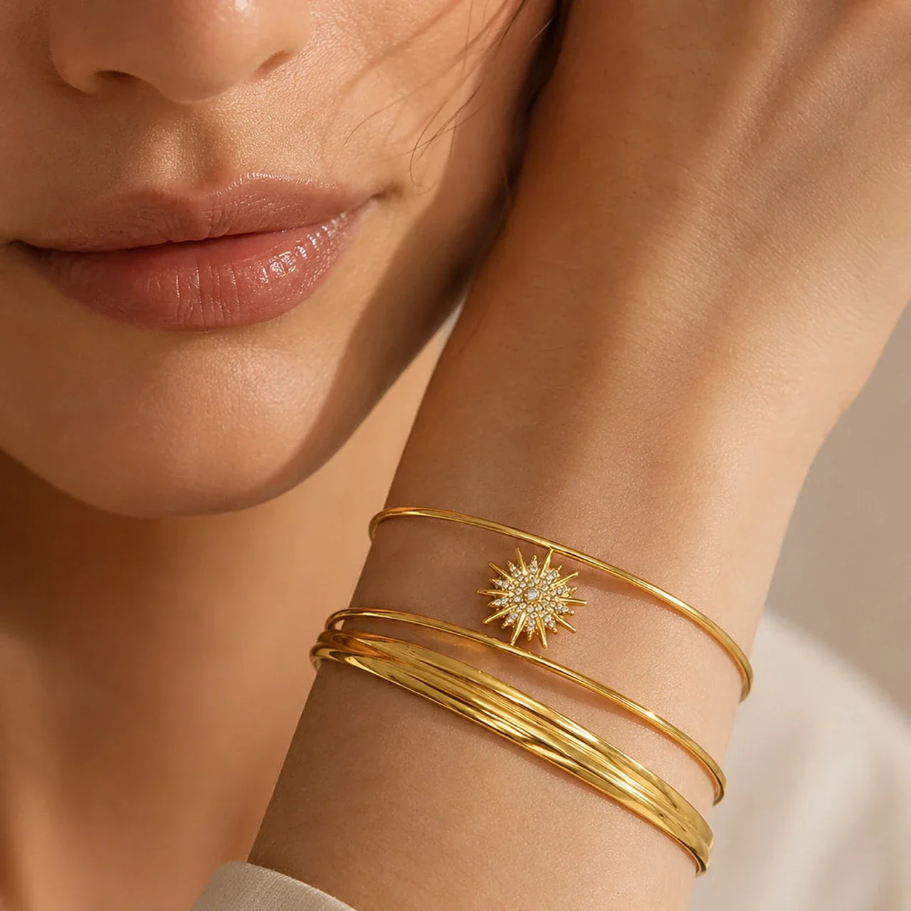 Radiant Sunburst Cubic Zirconia Triple-Wire Open Bangle