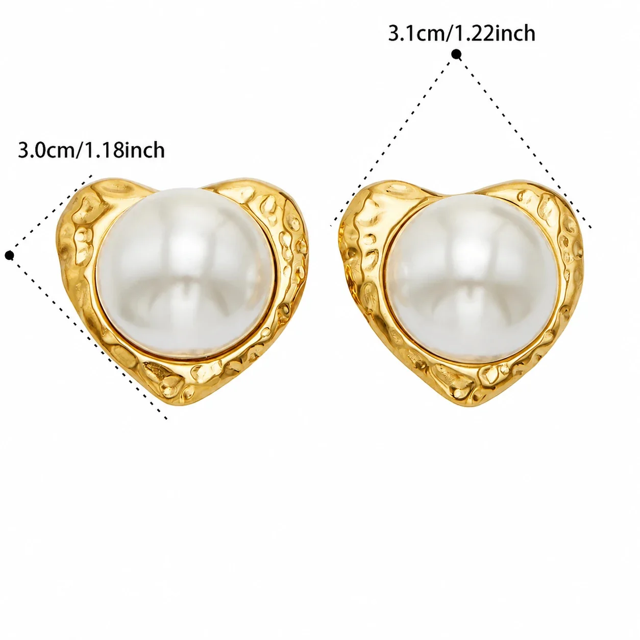 Bold Hammered Heart Dome 18K Gold-Plated Stud Earrings - Gold White Pearl-Effect